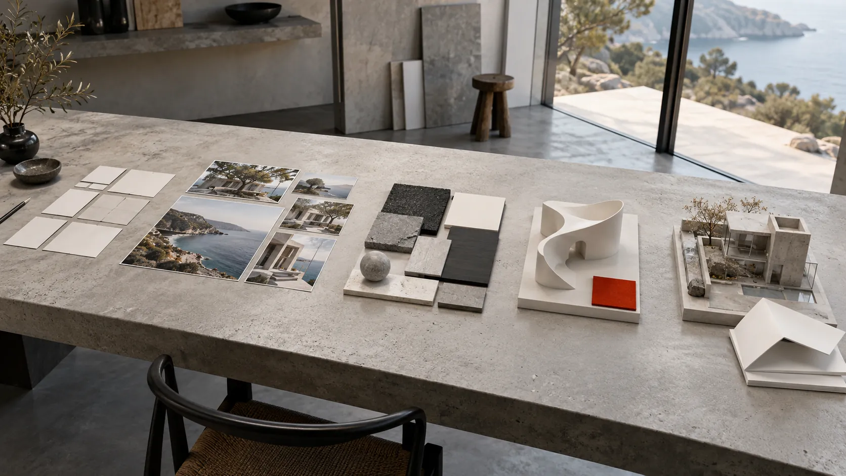 A long concrete worktable holding five groups of material, arranged left to right: blank cards, research photographs, a material palette, a sculptural form, and a small production model
