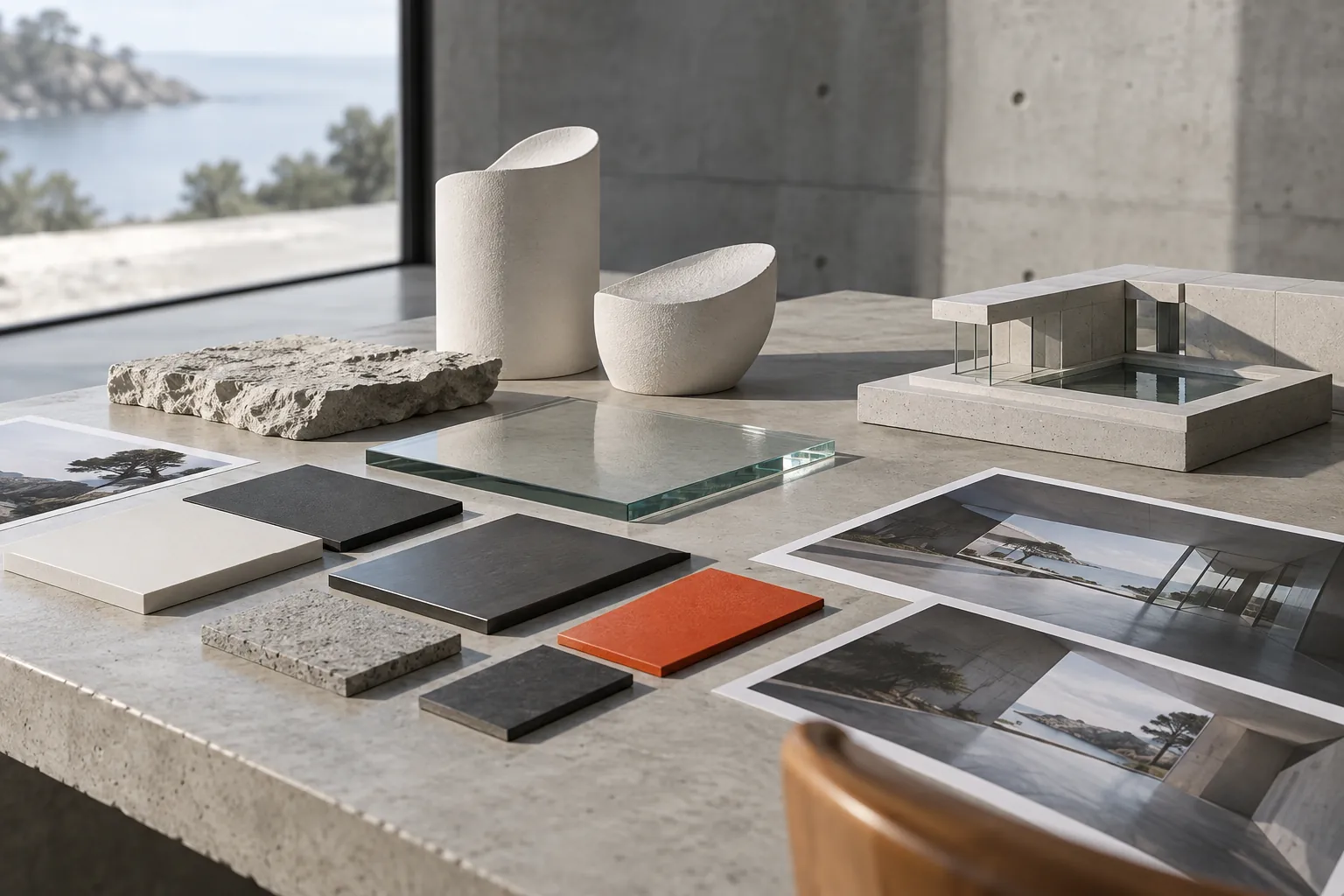 A curated set of material swatches, glass, white forms and architecture photographs on a concrete table