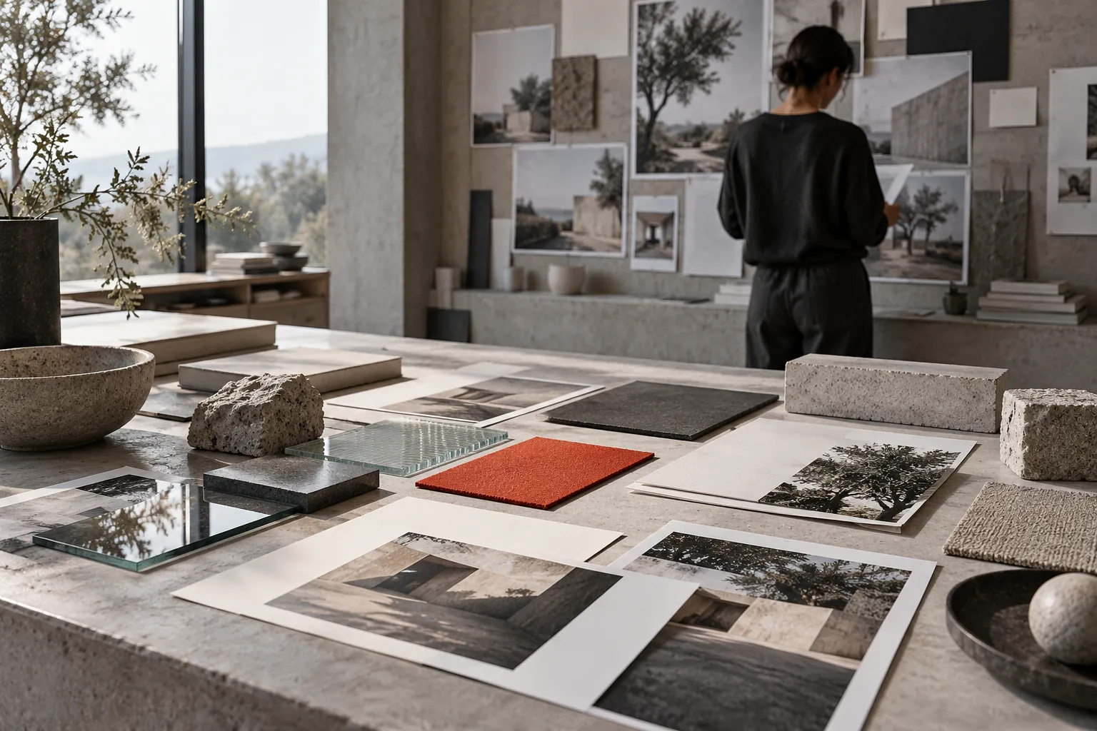 Material samples and photographic references laid out on a concrete research table