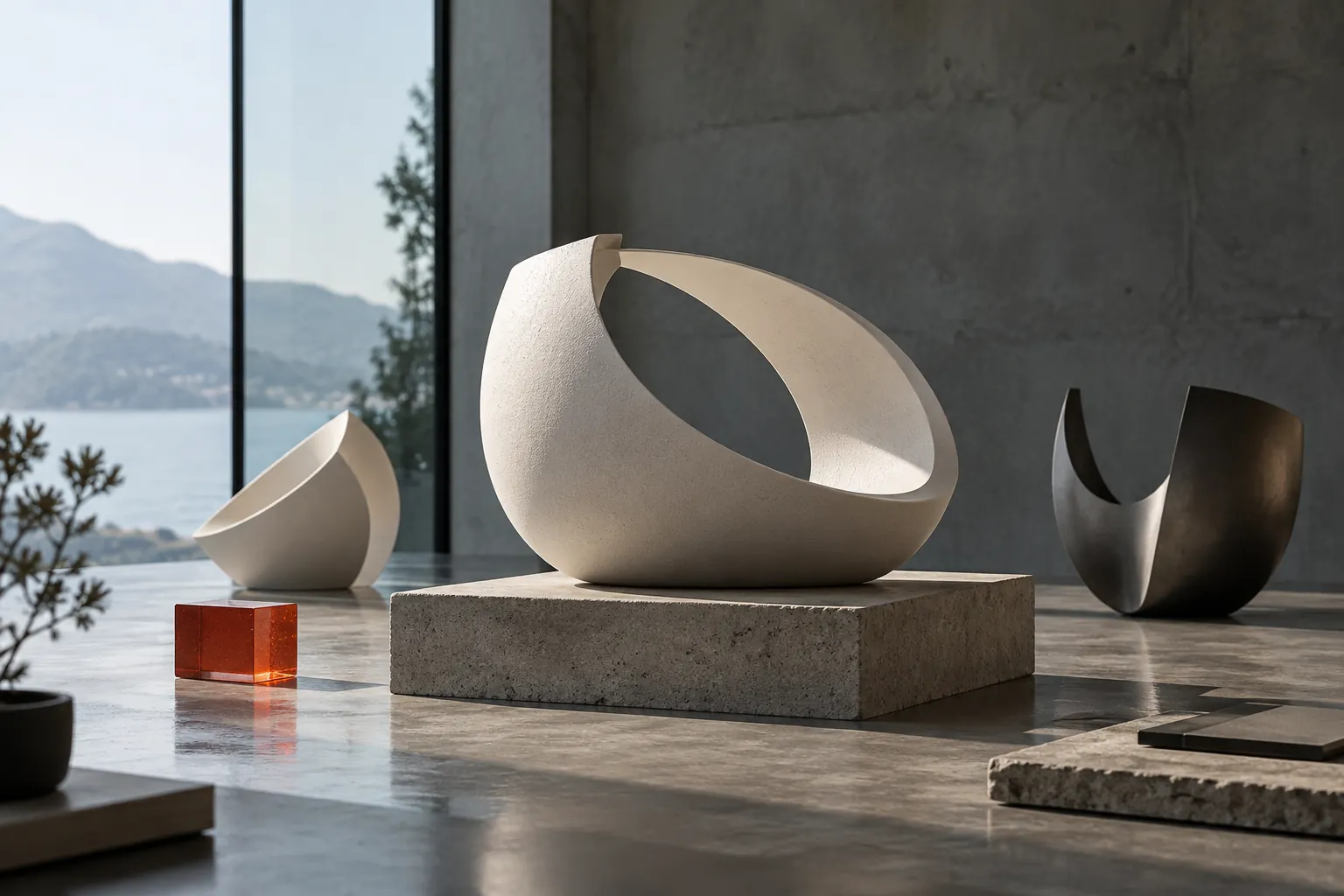 Sculptural white and charcoal form studies on a concrete plinth