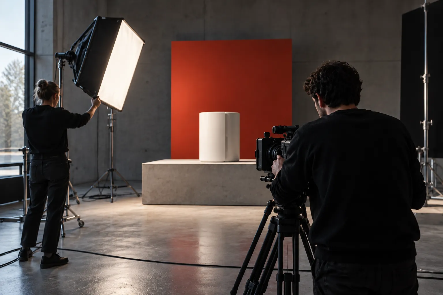 A small crew lighting and filming a product on a studio stage
