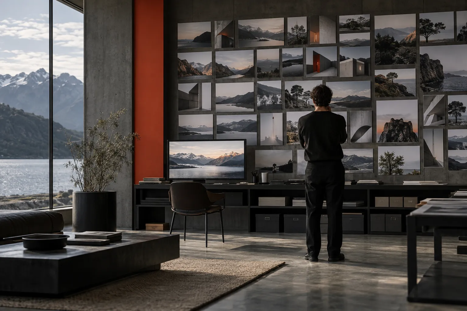 A person studying a wall of organised photographic prints in a media library