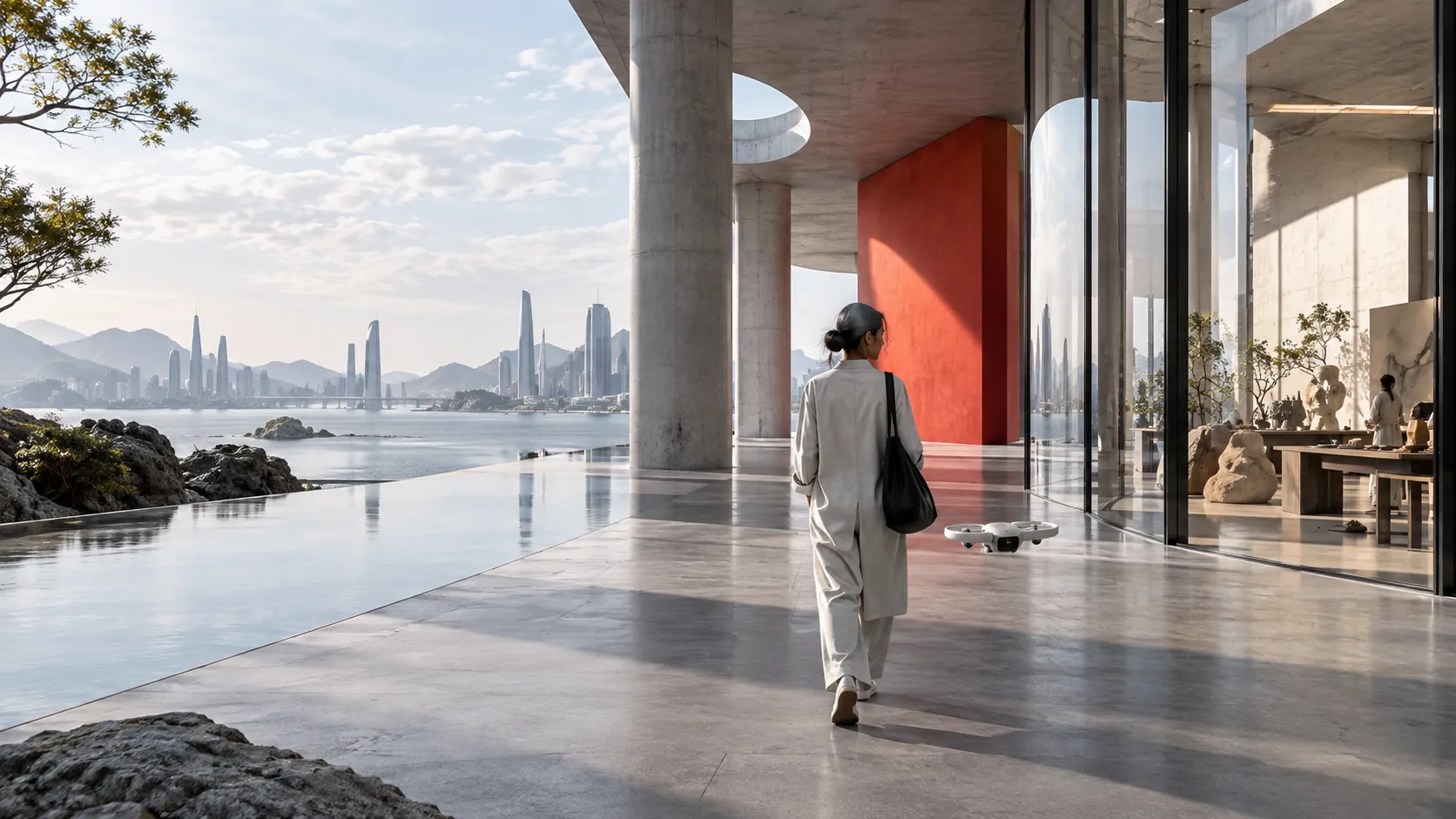 A person walks through a concrete-and-glass colonnade with a small white drone beside them